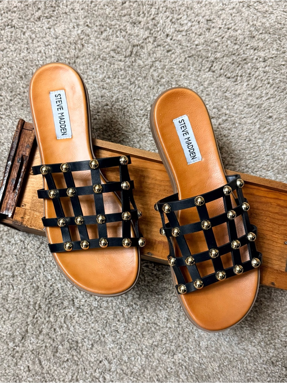 Steve Madden Black Lattice Slide Sandals with Gold Studs